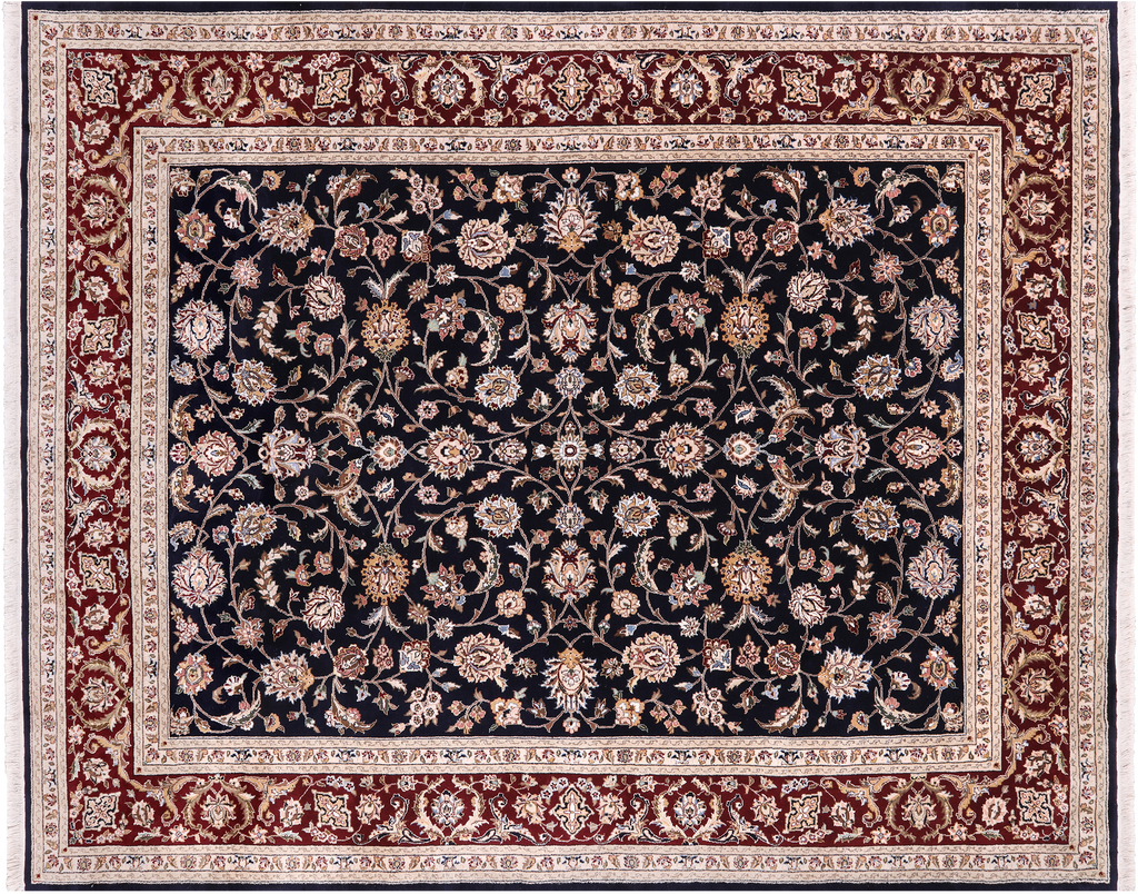 Navy Blue 7' 8" X 9' 9" Persian Tabriz Handmade Wool & Silk Rug - Q25229