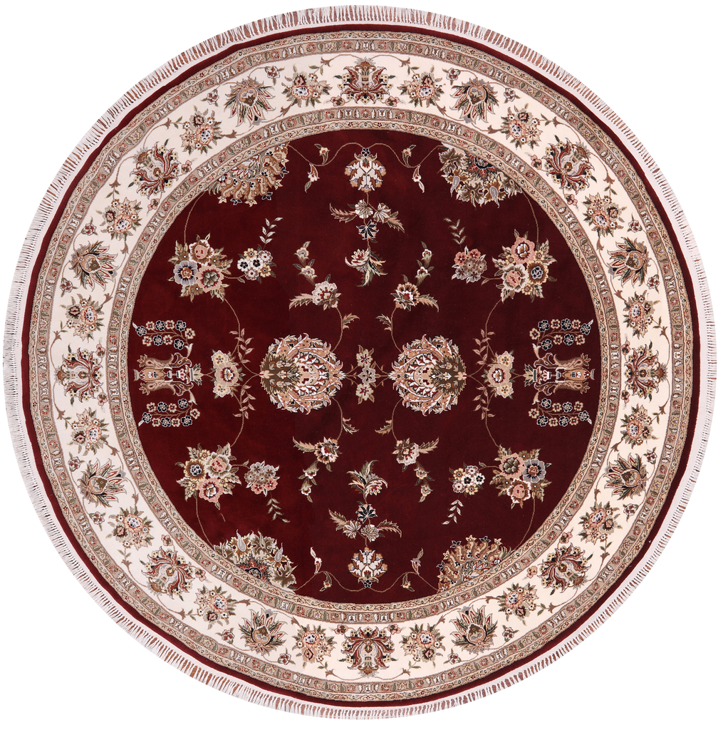 Red 8' Round Persian Tabriz Handmade Wool & Silk Rug - Q25230