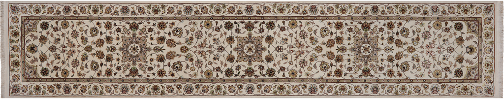 Ivory 2' 4" X 12' 0" Persian Tabriz Handmade Wool & Silk Runner Rug - Q25232