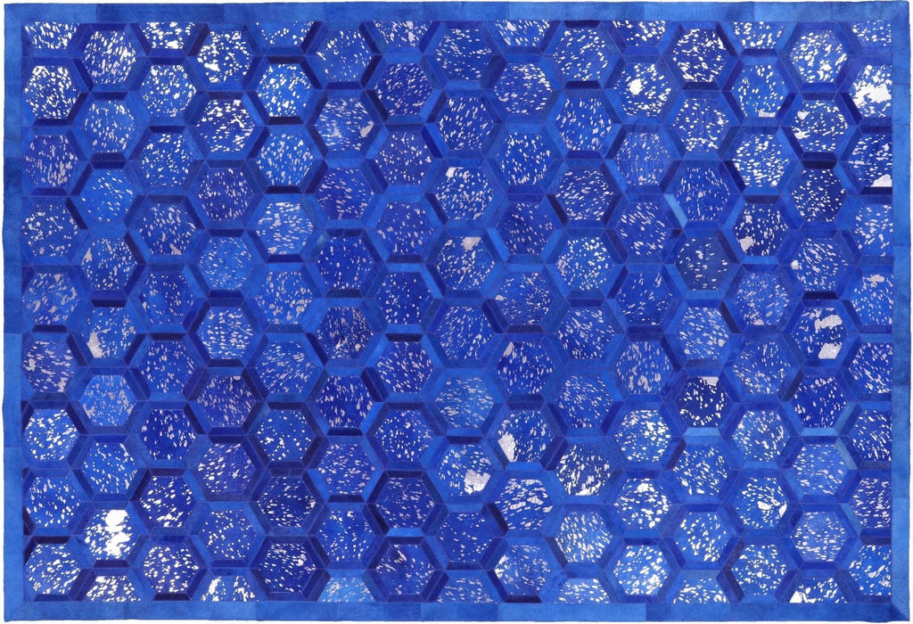 Metallic Silver On Blue Cowhide Hand Stitched Area Rug - Manhattan Rugs