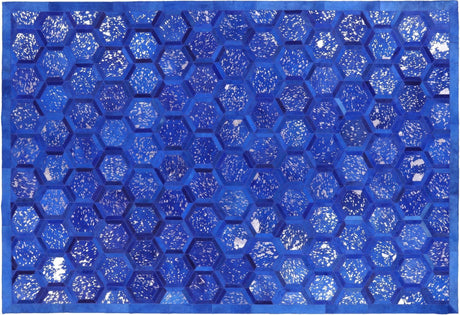 Metallic Silver On Blue Cowhide Hand Stitched Area Rug - Manhattan Rugs