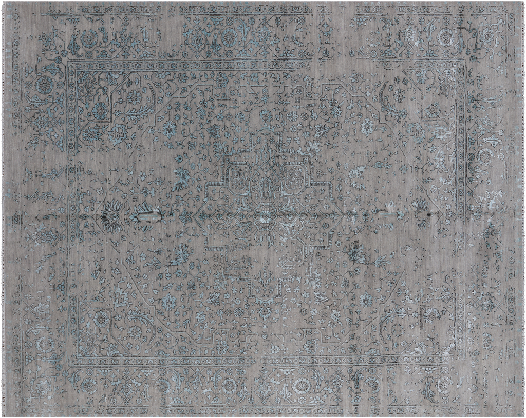 Grey 8' 1" X 10' 1" Hand Knotted Persian Heriz Serapi Wool & Silk Rug - Q9108