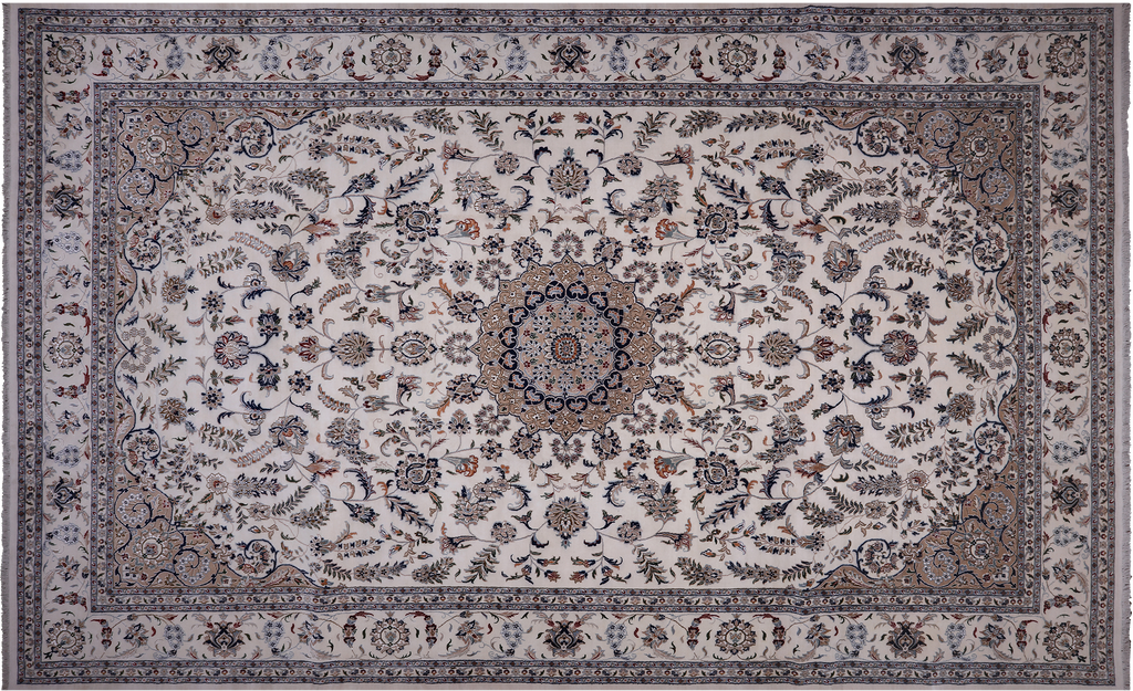 Ivory 10' 7" X 17' 5" Wool & Silk Persian Nain Hand Knotted Rug - Q9349