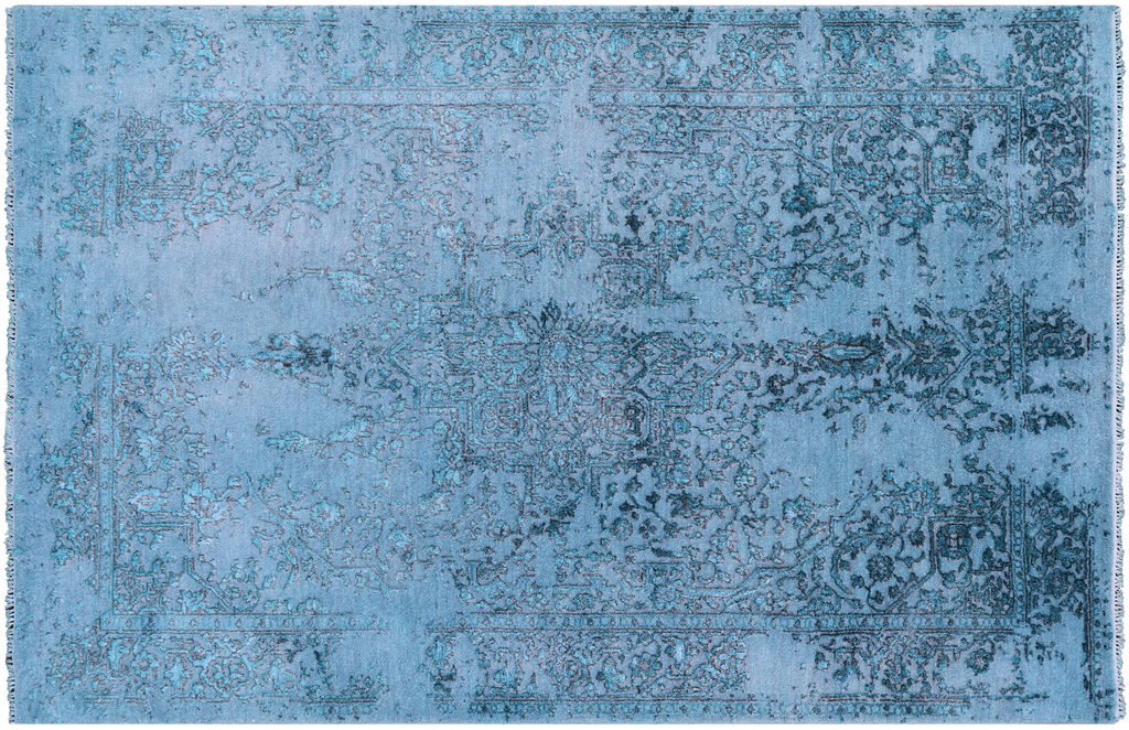 Blue Full Pile Overdyed Hand-Knotted Wool & Silk Rug - Manhattan Rugs
