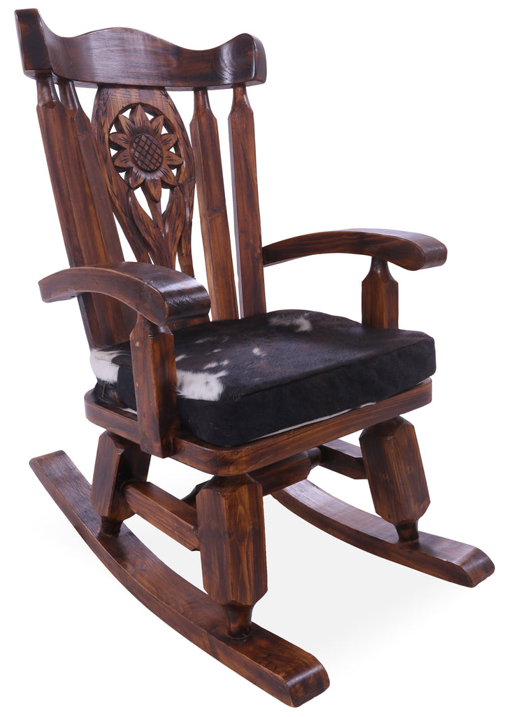 Wooden Rocking Chair Handcarved Back Sunflower Removable Hair-On Cowhide Pillow - RC131-CP