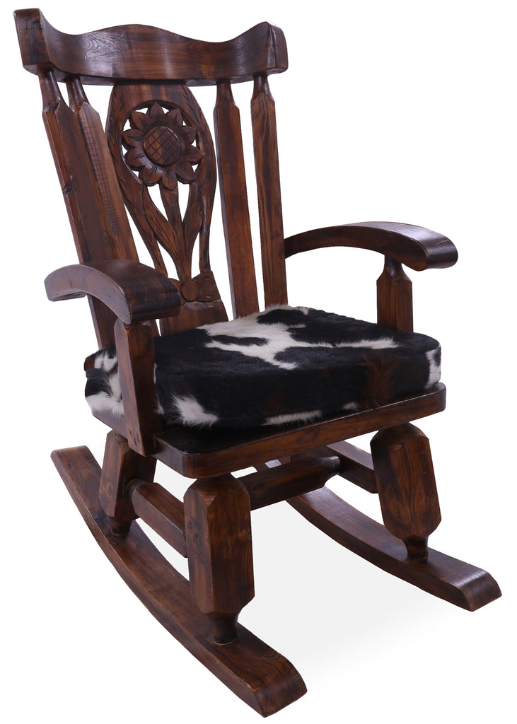 Wooden Rocking Chair Handcarved Back Sunflower Removable Hair-On Cowhide Pillow - RC132-CP