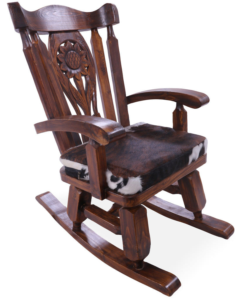 Wooden Rocking Chair Handcarved Back Sunflower Removable Hair-On Cowhide Pillow - RC133-CP