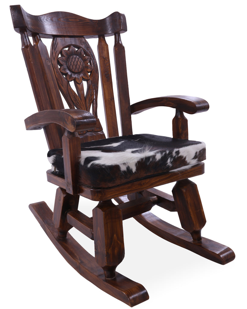 Wooden Rocking Chair Handcarved Back Sunflower Removable Hair-On Cowhide Pillow - RC134-CP
