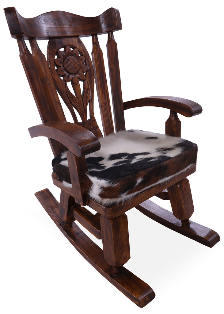 Wooden Rocking Chair Handcarved Back Sunflower Removable Hair-On Cowhide Pillow - RC135-CP