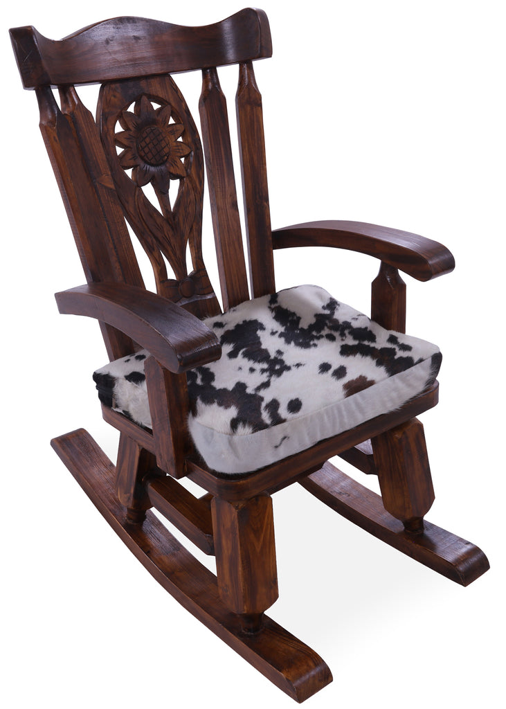 Wooden Rocking Chair Handcarved Back Sunflower Removable Hair-On Cowhide Pillow - RC136-CP