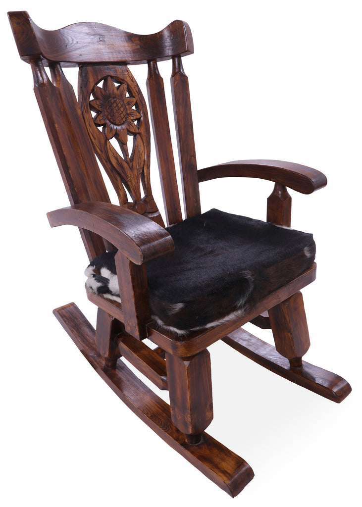 Wooden Rocking Chair Handcarved Back Sunflower Removable Hair-On Cowhide Pillow - RC137-CP