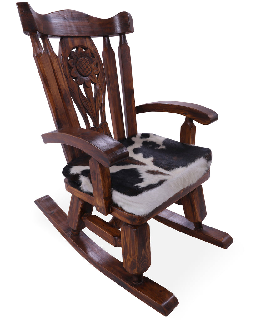 Wooden Rocking Chair Handcarved Back Sunflower Removable Hair-On Cowhide Pillow - RC139-CP
