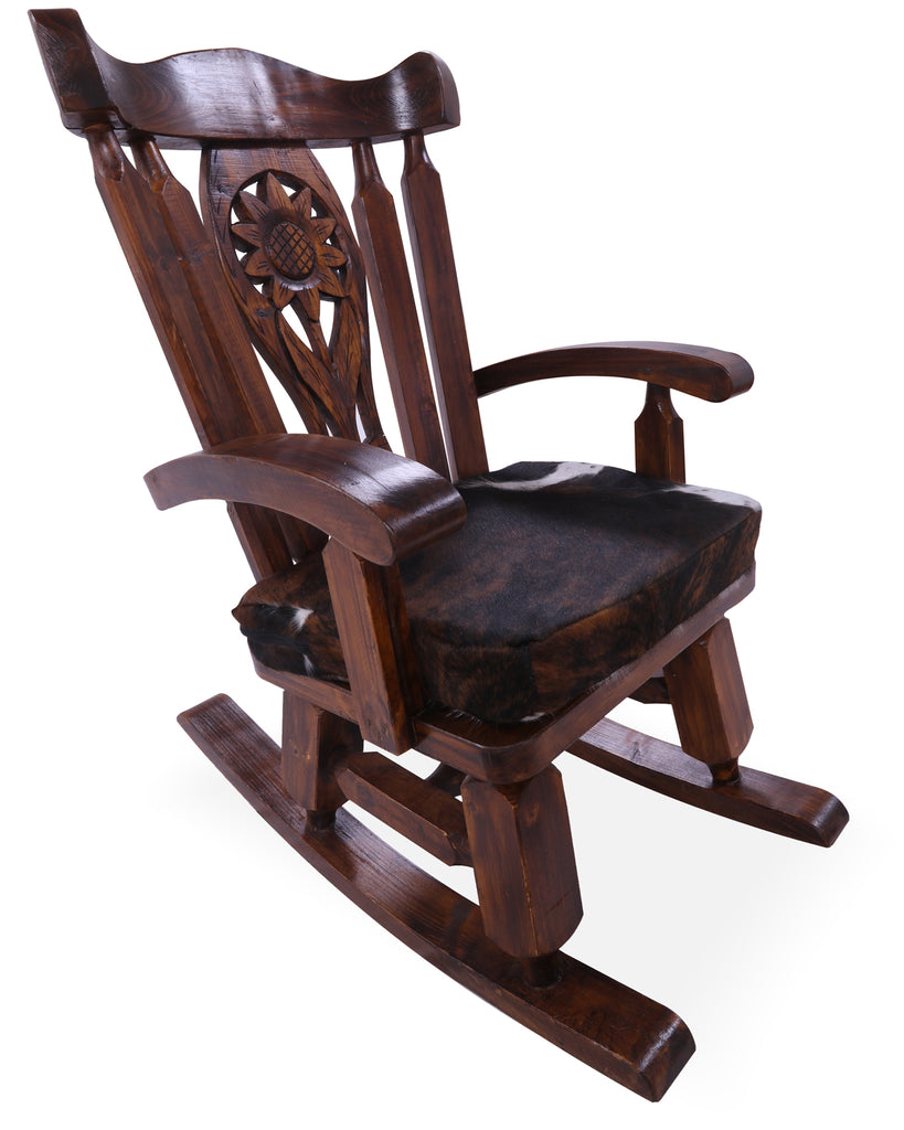 Wooden Rocking Chair Handcarved Back Sunflower Removable Hair-On Cowhide Pillow - RC140-CP