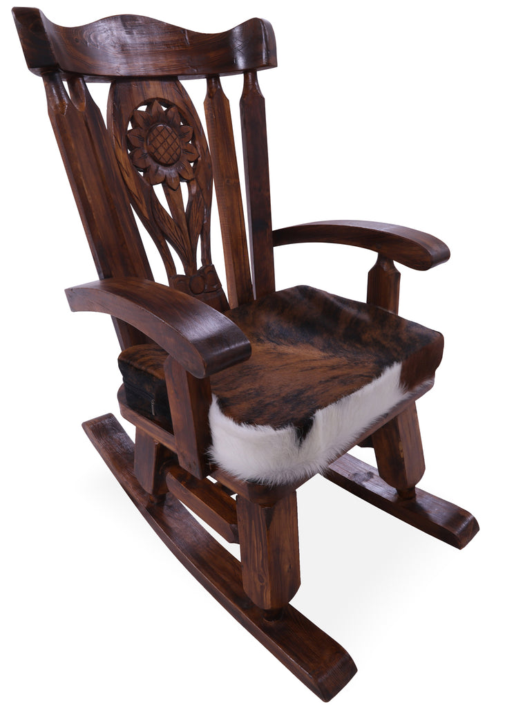Wooden Rocking Chair Handcarved Back Sunflower Removable Hair-On Cowhide Pillow - RC142-CP