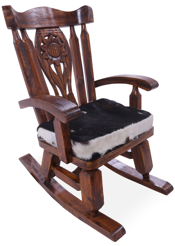 Wooden Rocking Chair Handcarved Back Sunflower Removable Hair-On Cowhide Pillow - RC143-CP