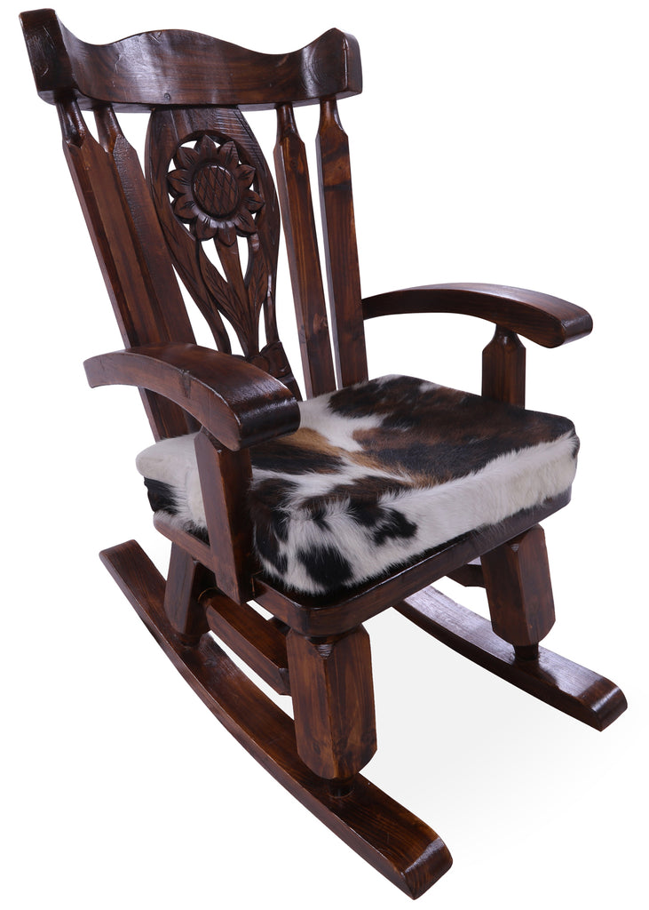 Wooden Rocking Chair Handcarved Back Sunflower Removable Hair-On Cowhide Pillow - RC144-CP