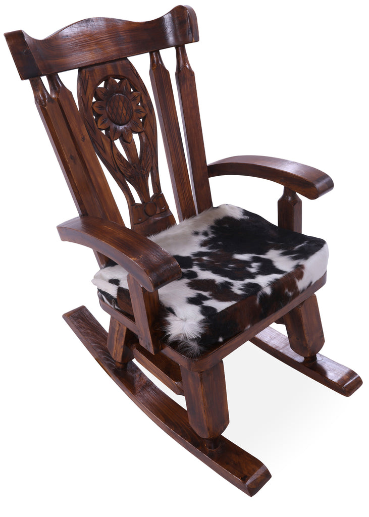 Wooden Rocking Chair Handcarved Back Sunflower Removable Hair-On Cowhide Pillow - RC145-CP