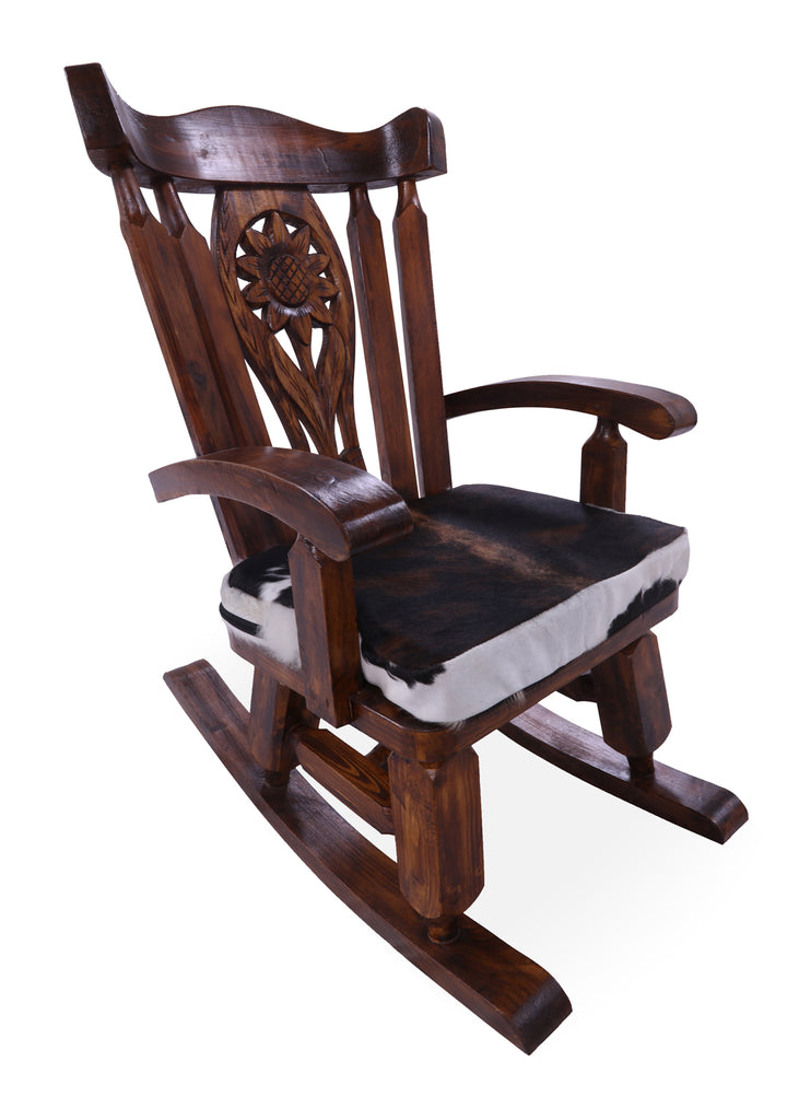 Wooden Rocking Chair Handcarved Back Sunflower Removable Hair-On Cowhide Pillow - RC148-CP