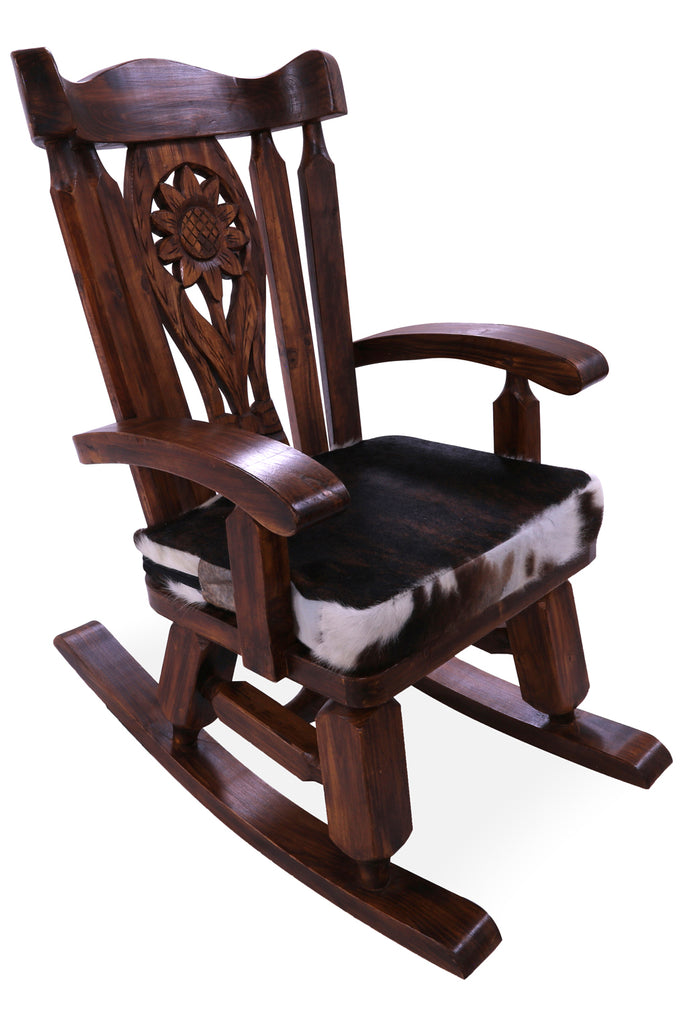 Wooden Rocking Chair Handcarved Back Sunflower Removable Hair-On Cowhide Pillow - RC150-CP