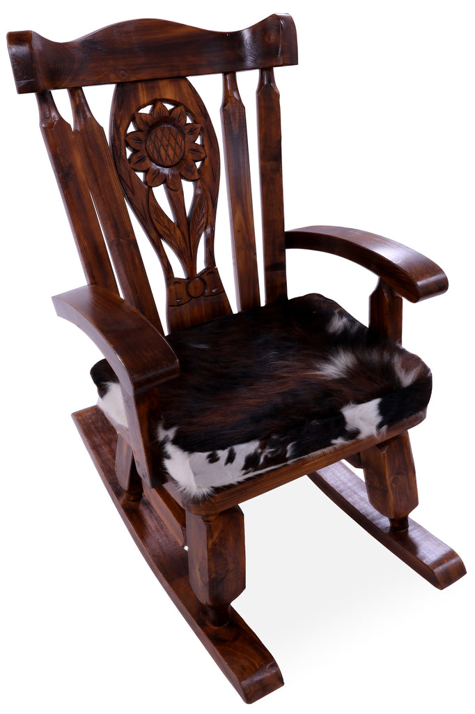 Wooden Rocking Chair Handcarved Back Sunflower Removable Hair-On Cowhide Pillow - RC153-CP