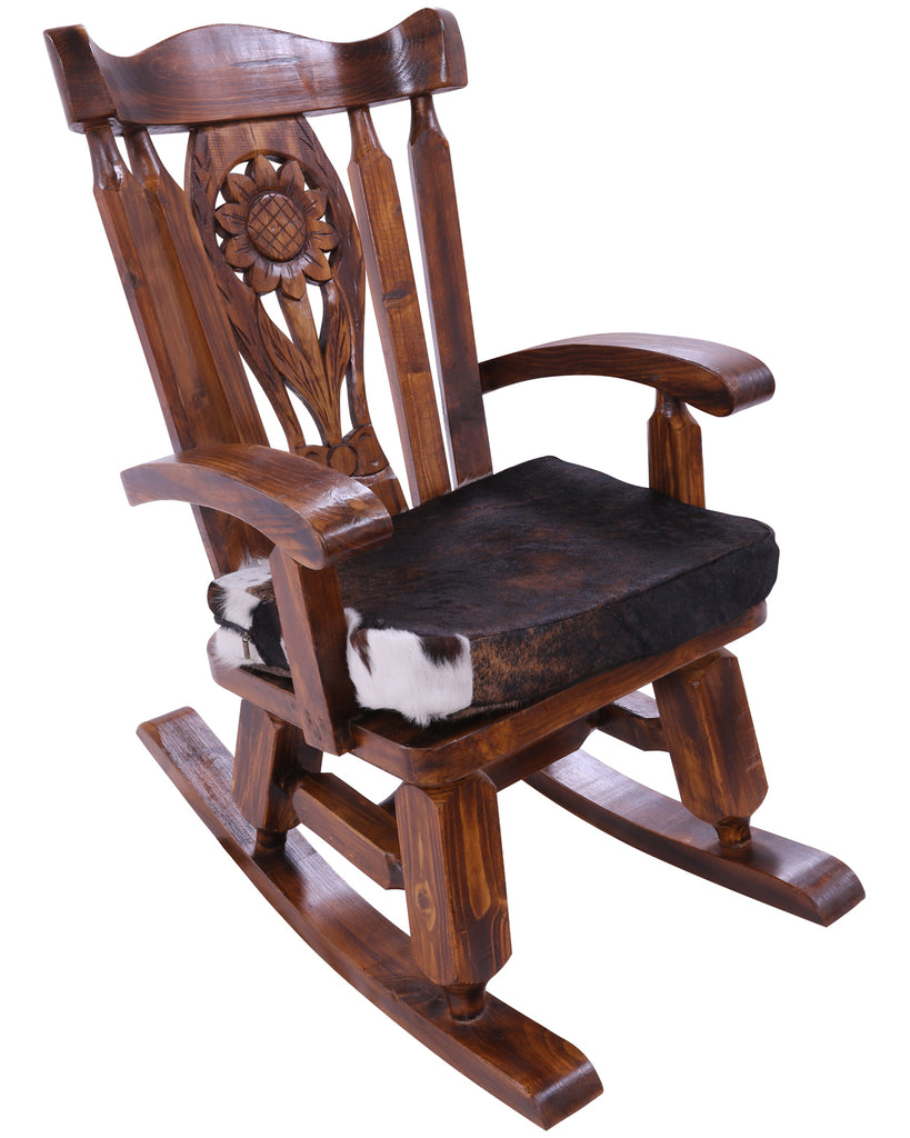 Wooden Rocking Chair Handcarved Back Sunflower Removable Hair-On Cowhide Pillow - RC154-CP