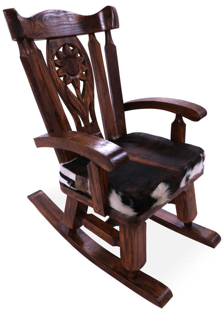 Wooden Rocking Chair Handcarved Back Sunflower Removable Hair-On Cowhide Pillow - RC156-CP