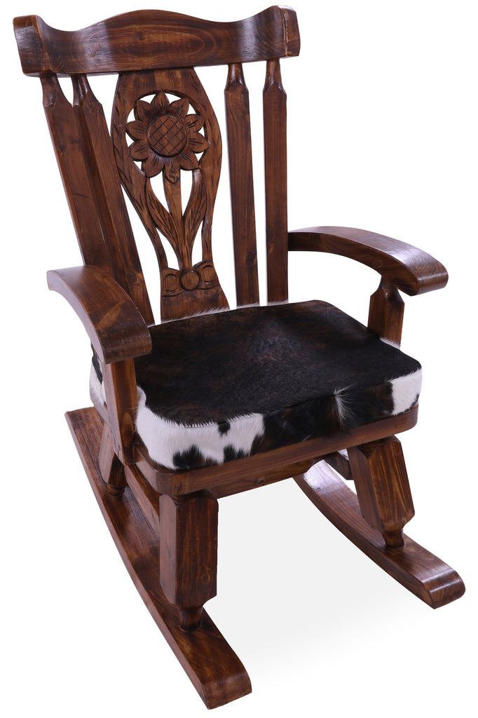 Wooden Rocking Chair Handcarved Back Sunflower Removable Hair-On Cowhide Pillow - RC157-CP