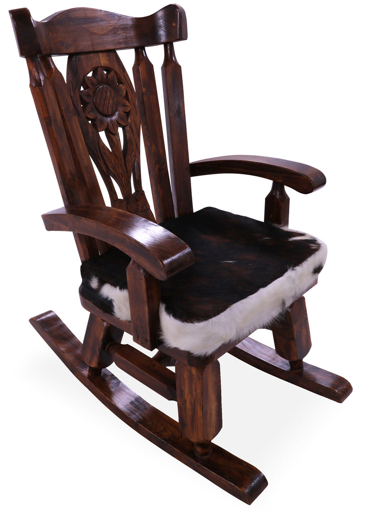 Wooden Rocking Chair Handcarved Back Sunflower Removable Hair-On Cowhide Pillow - RC158-CP