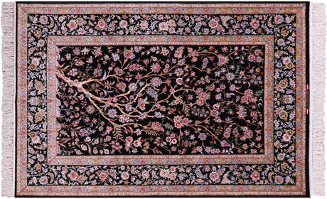 Black Persian Isfahan Tree of Life Hand Knotted Wool & Silk Rug - Manhattan Rugs