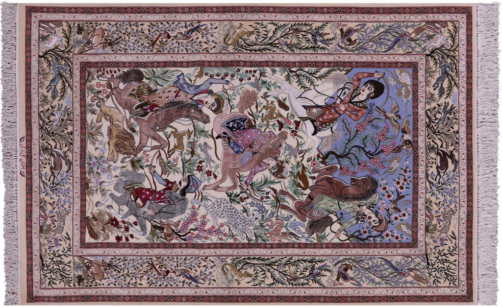 Hand Knotted Wool & Silk Signed Persian Isfahan Hunting Scene Rug - Manhattan Rugs