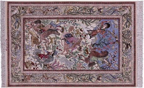 Hand Knotted Wool & Silk Signed Persian Isfahan Hunting Scene Rug - Manhattan Rugs
