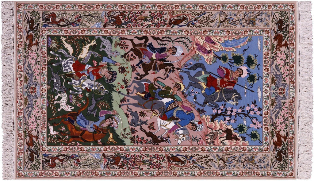 Signed Persian Isfahan Hunting Scene Wool & Silk Area Rug - Manhattan Rugs