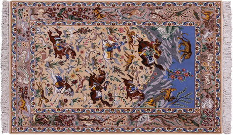 Hunting Scene Persian Isfahan Wool & Silk Signed Rug - Manhattan Rugs