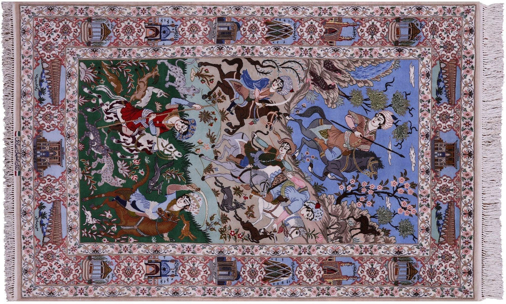 Signed Persian Isfahan Hunting Scene Wool & Silk Area Rug - Manhattan Rugs