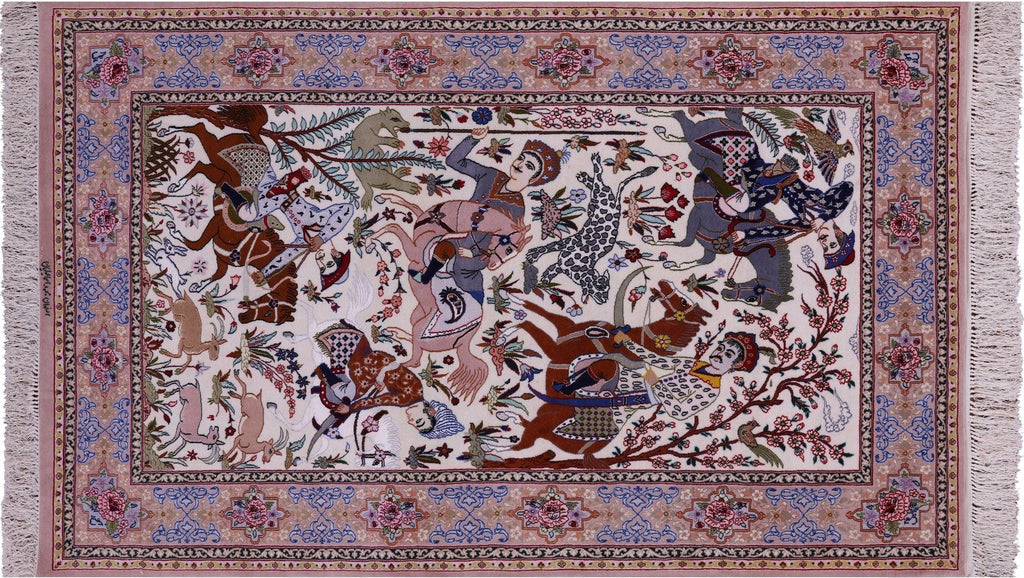 Hunting Scene Handmade Wool & Silk Signed Persian Isfahan Rug - Manhattan Rugs