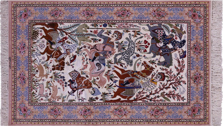 Hunting Scene Handmade Wool & Silk Signed Persian Isfahan Rug - Manhattan Rugs