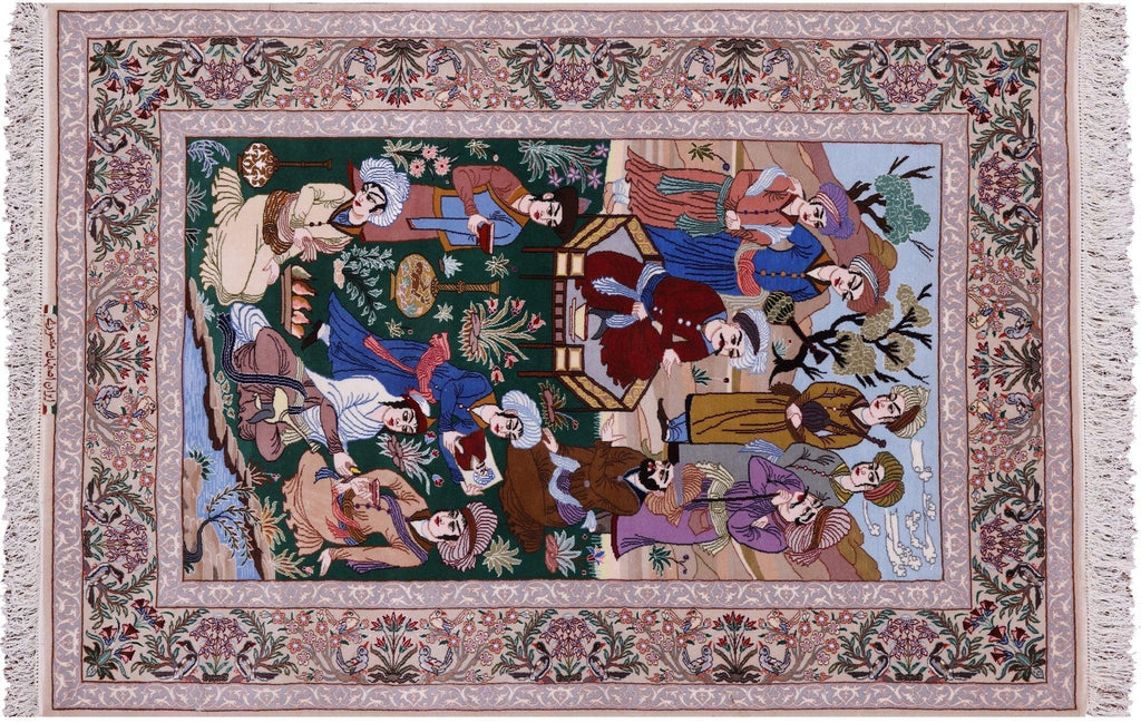 Signed Persian Isfahan Pictorial Scene Hand Knotted Wool & Silk Rug - Manhattan Rugs