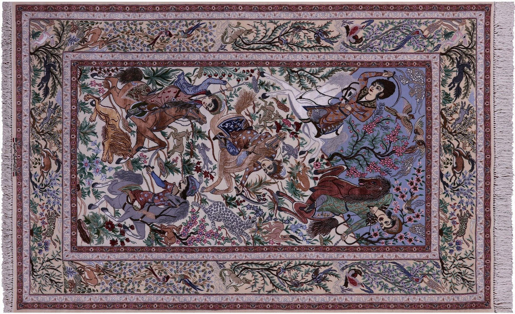 Signed Wool & Silk Persian Isfahan Hunting Scene Rug - Manhattan Rugs