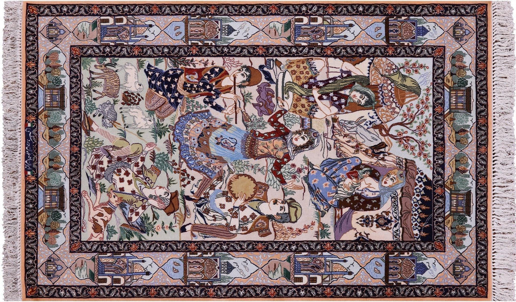 Pictorial Scene Signed Persian Isfahan Hand Knotted Wool & Silk Rug - Manhattan Rugs