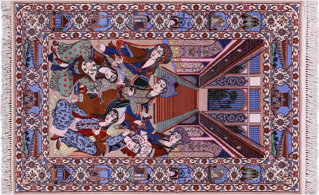 Pictorial Scene Persian Isfahan Signed Hand Knotted Wool & Silk Rug - Manhattan Rugs