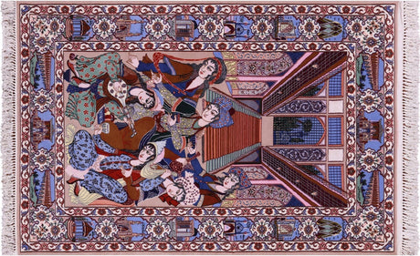 Pictorial Scene Persian Isfahan Signed Hand Knotted Wool & Silk Rug - Manhattan Rugs