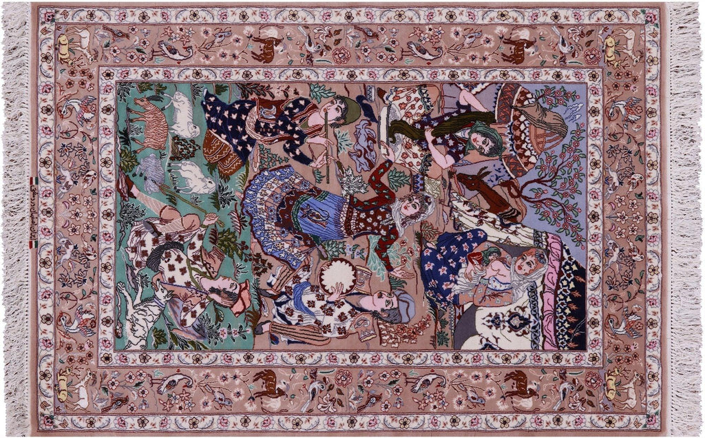 Pictorial Scene Hand Knotted Wool & Silk Signed Persian Isfahan Rug - Manhattan Rugs