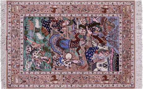 Pictorial Scene Hand Knotted Wool & Silk Signed Persian Isfahan Rug - Manhattan Rugs