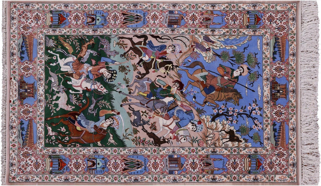 Signed Hand Knotted Persian Isfahan Hunting Scene Wool & Silk Rug - Manhattan Rugs