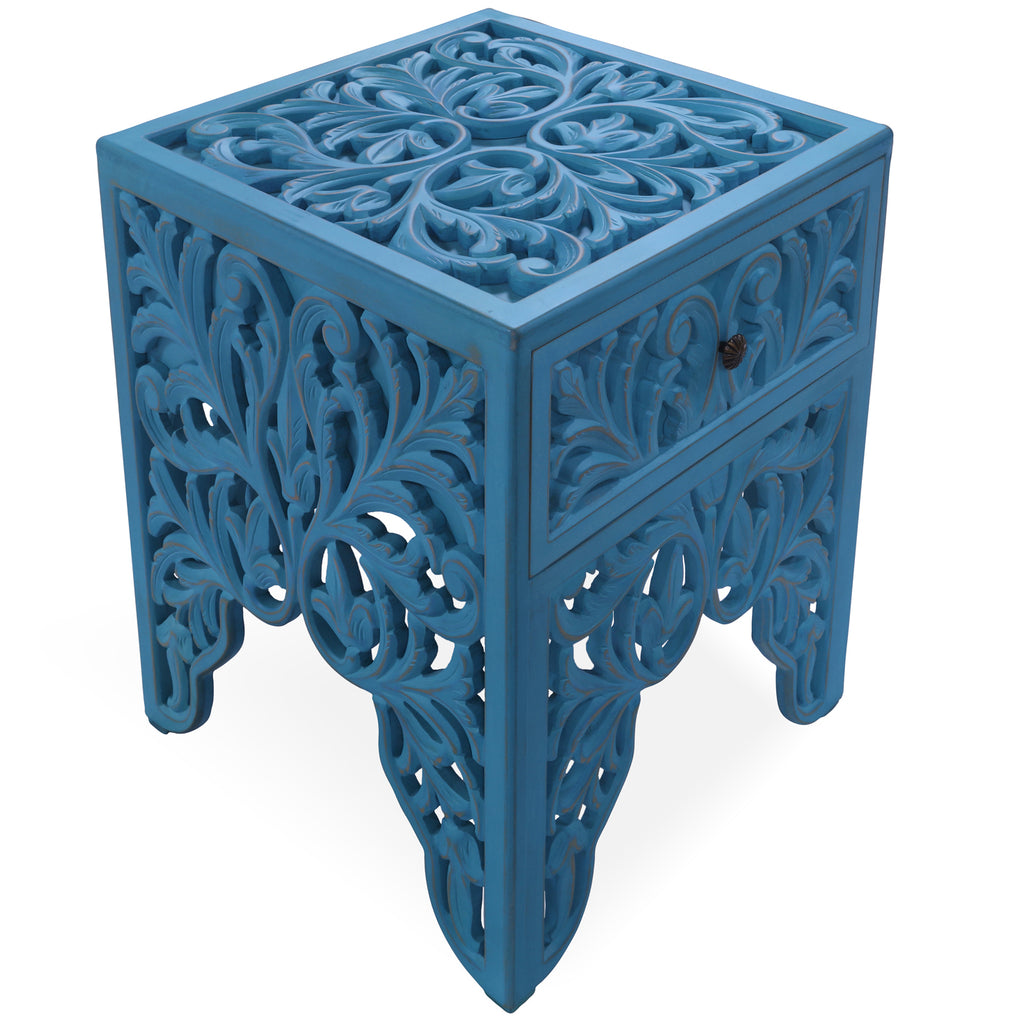 Reclaimed Wood Handcarved Floral Nightstand - ST114-BL