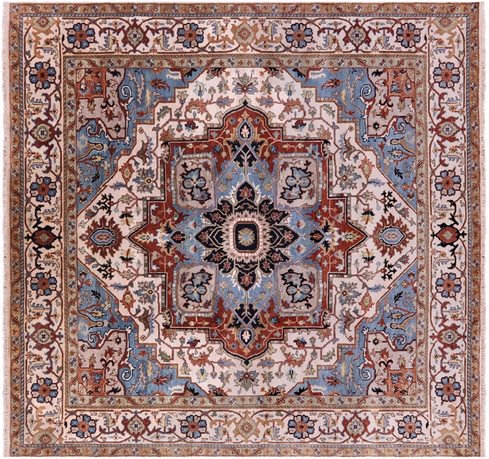 Ivory 9' Square Hand-Knotted Persian Heriz Serapi Wool Rug